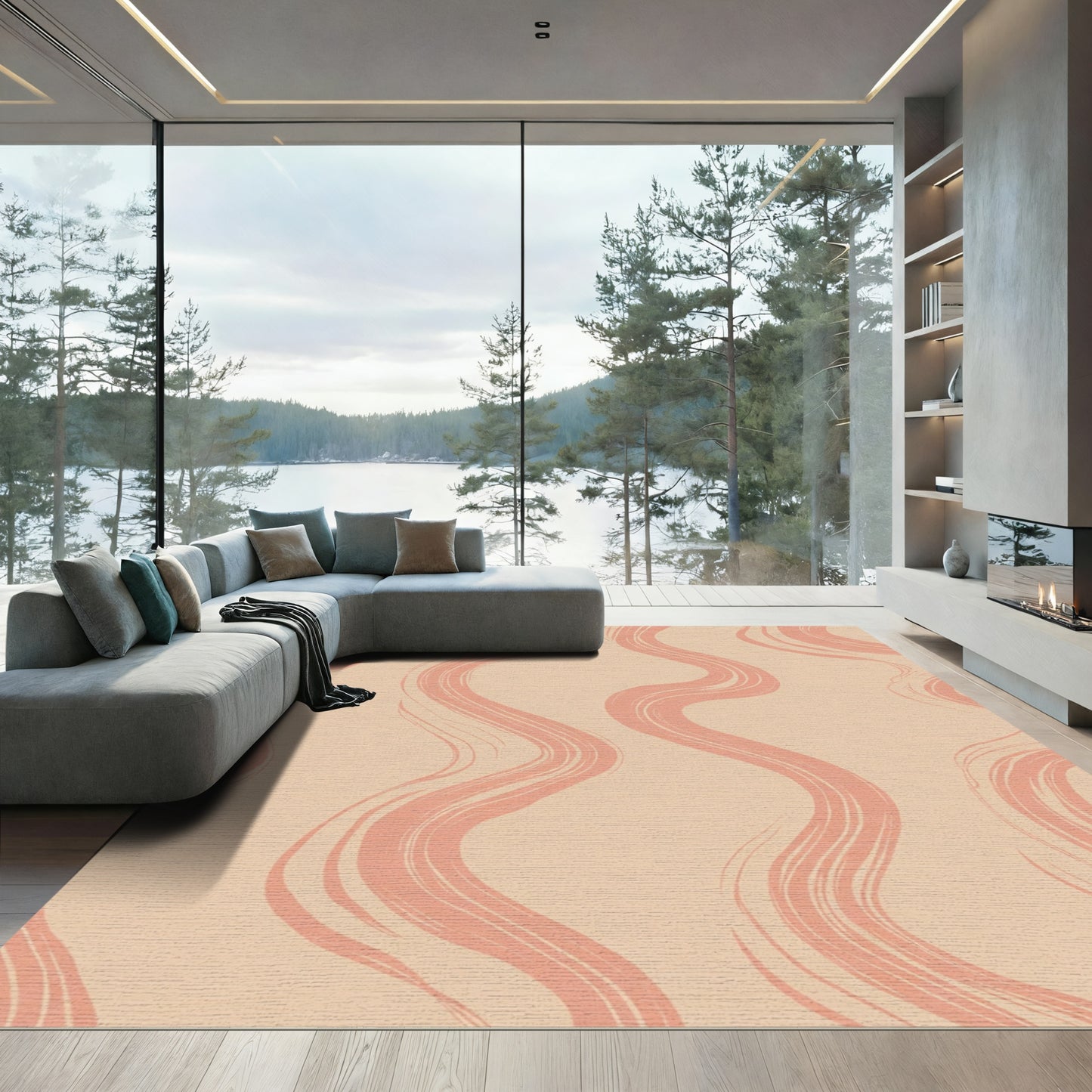 Coral Brushstroke Waves on Neutral Ground Rug