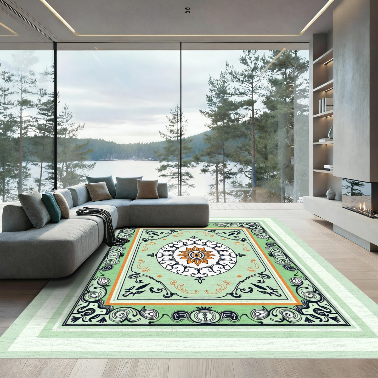 Ornate Green Orange Floral Medallion Rug