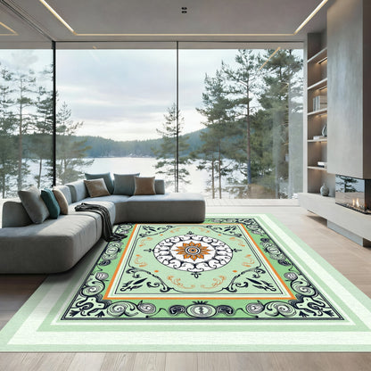 Ornate Green Orange Floral Medallion Rug