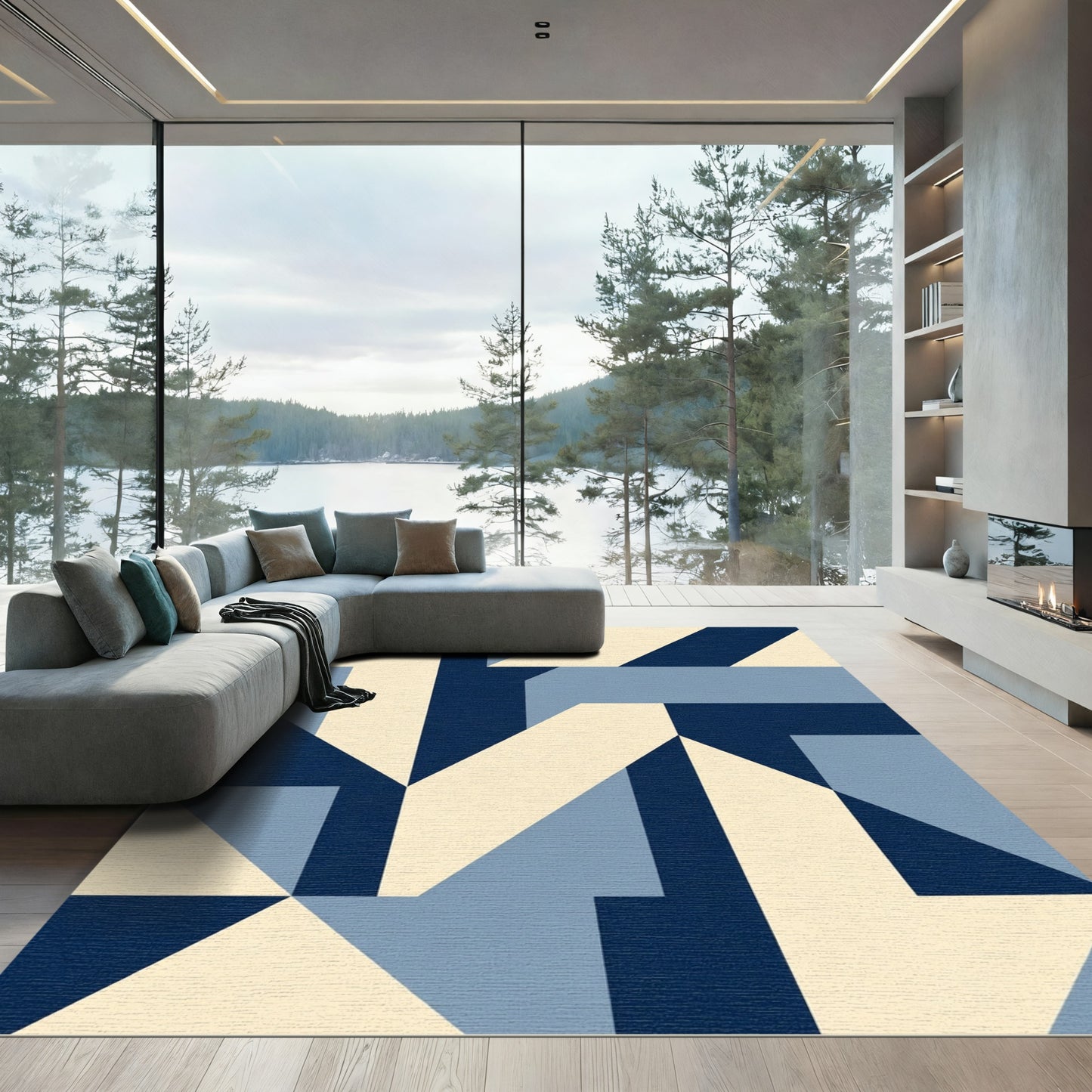 Geometric Navy Cream Light Blue Shapes Rug