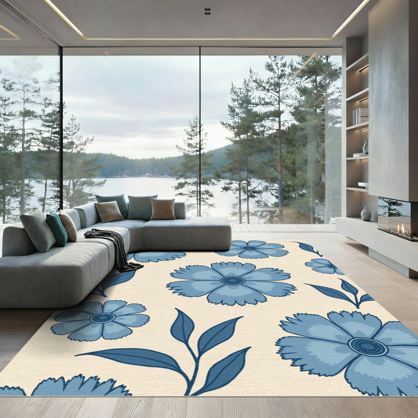 Navy Blue Floral Garden Rug