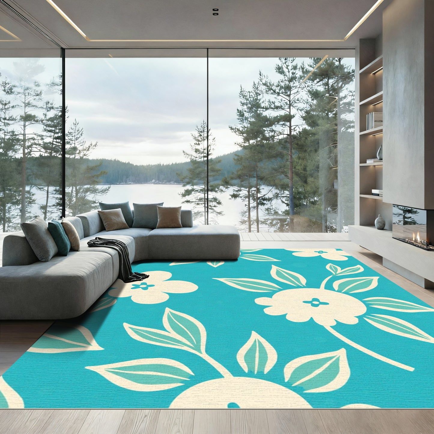 Cream Floral Teal Background Rug