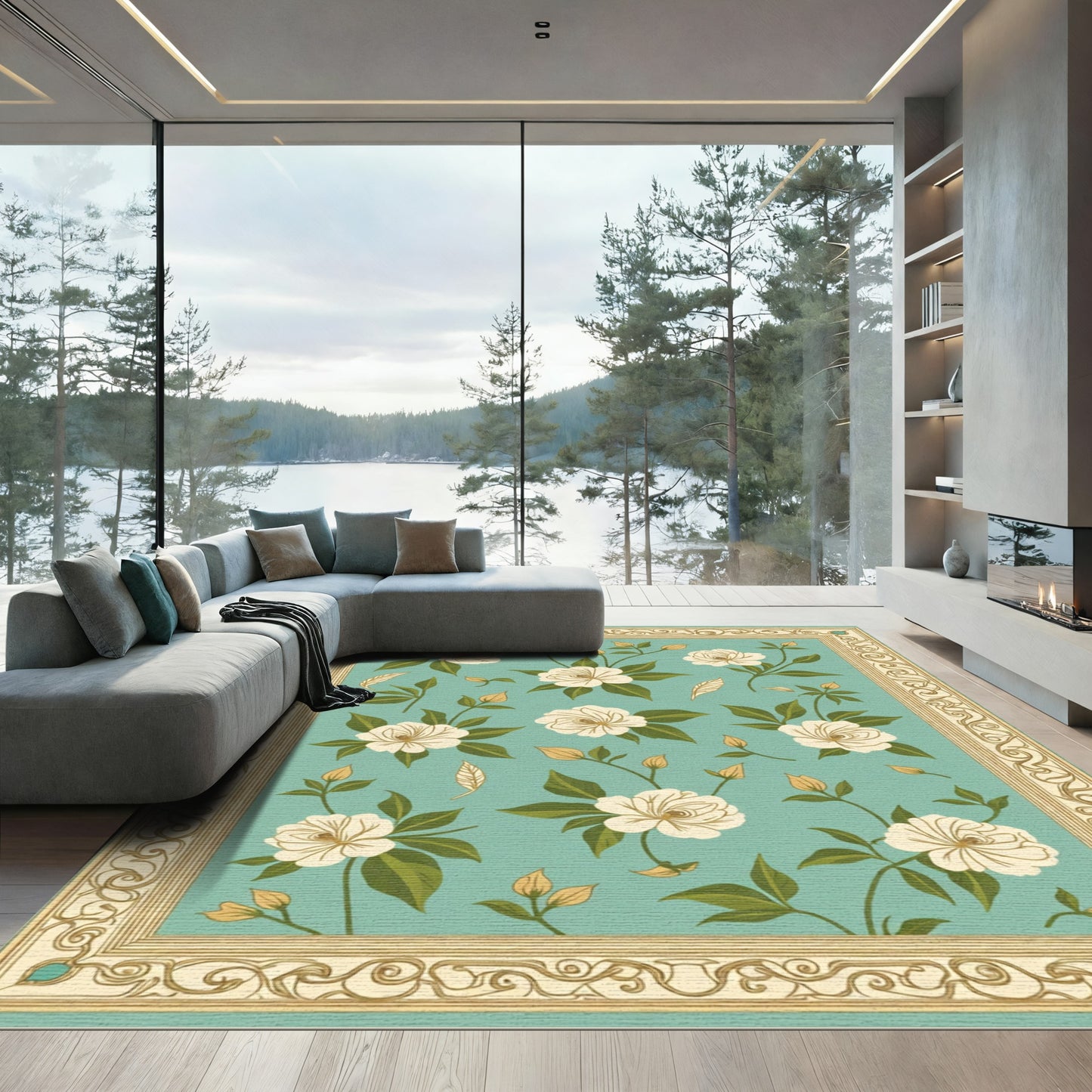 White Floral Vine Border Rug