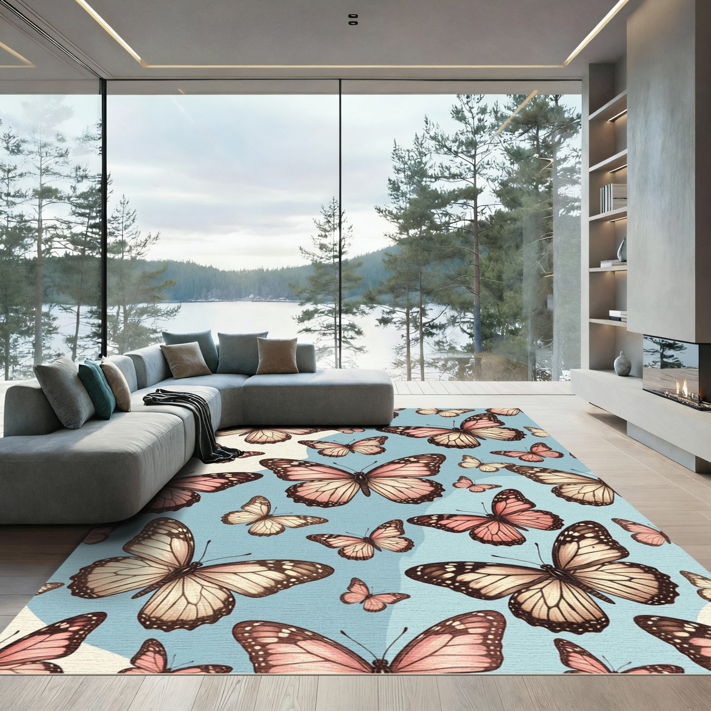 Whimsical Soft Pink Butterfly Garden Rug