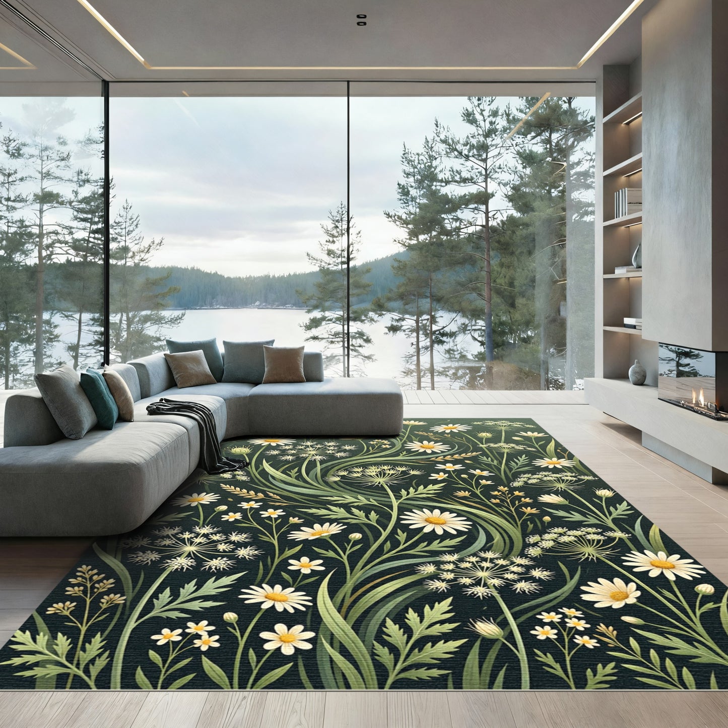 Meadow Daisy Wildflower Botanical Forest Green Rug