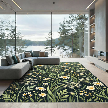 Meadow Daisy Wildflower Botanical Forest Green Rug
