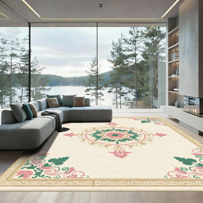 Cream Pink Green Floral Medallion Frame Rug