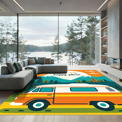 Retro Camper Van Sunny Mountain Landscape Rug