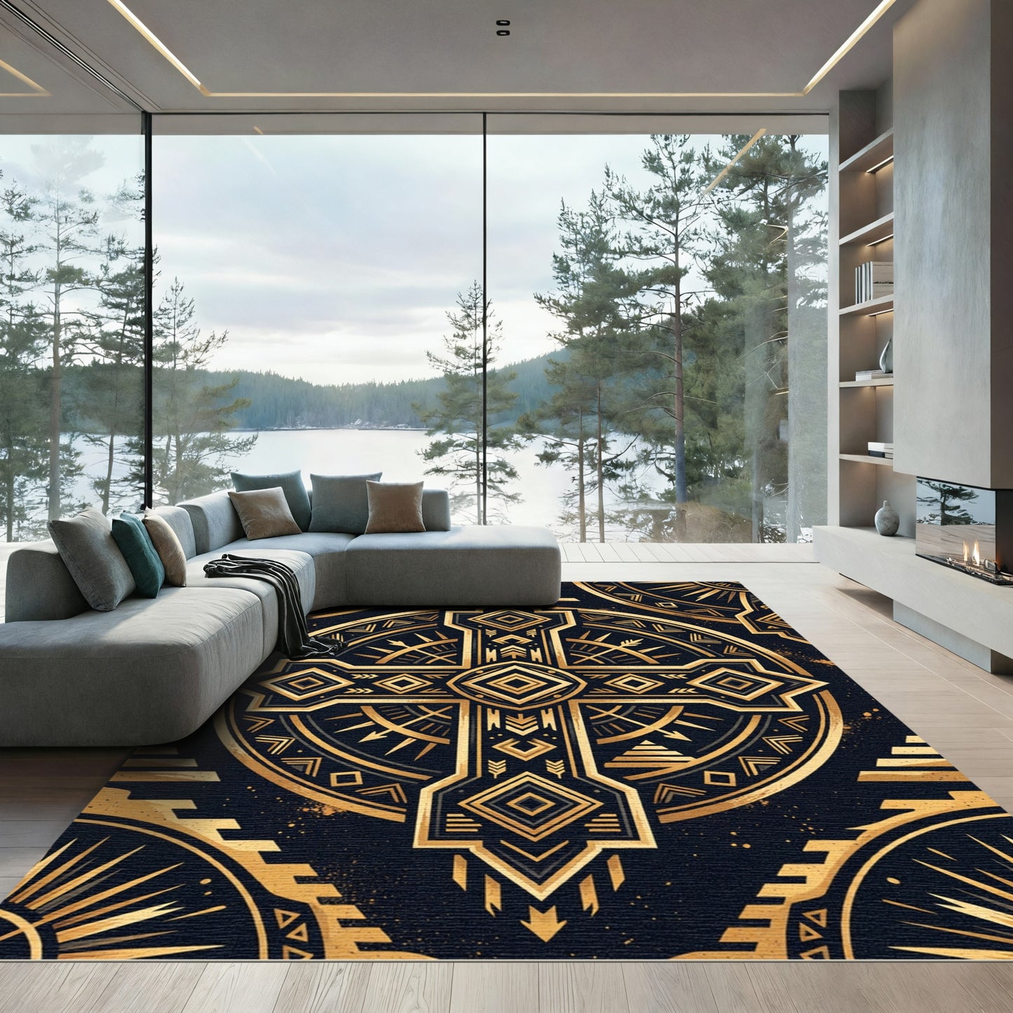 Golden Art Deco Geometric Cross Rug