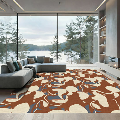 Abstract Ochre Cream Blue Floral Swirls Rug