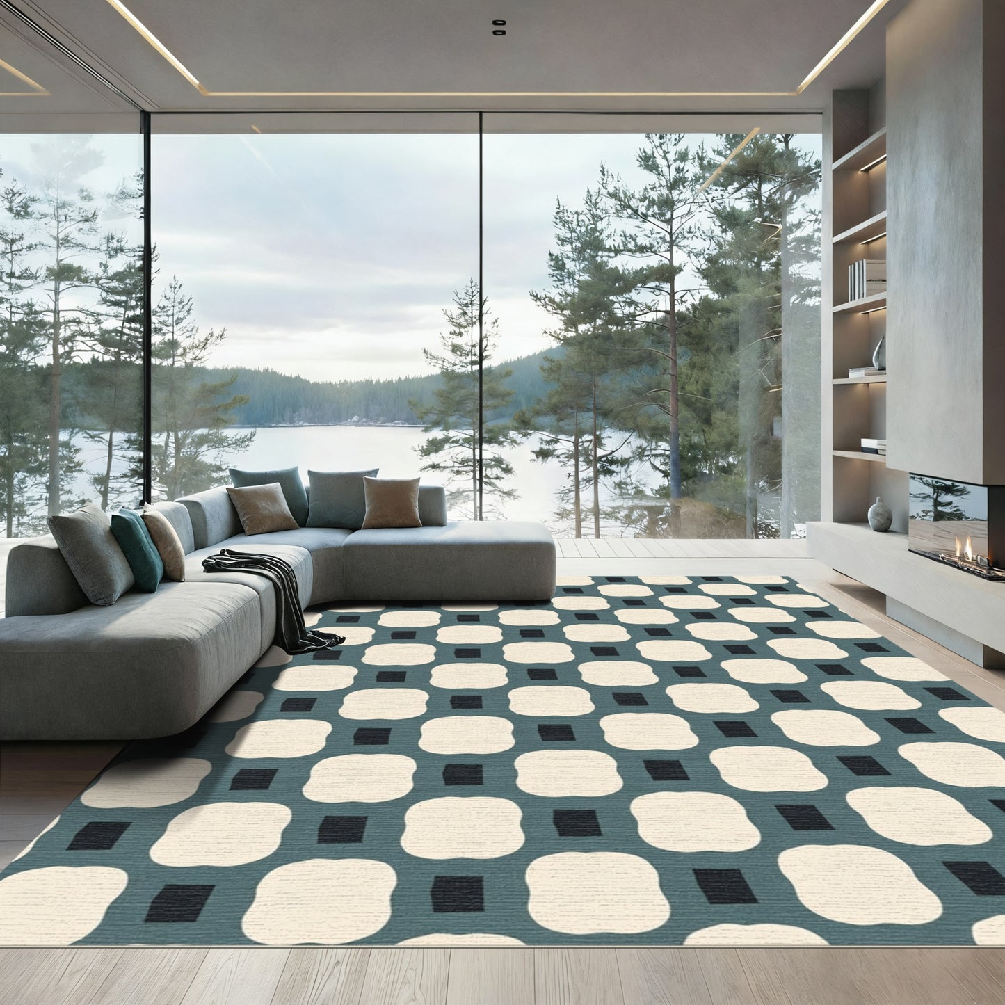 Off-White Teal Interlocking Squares Rug