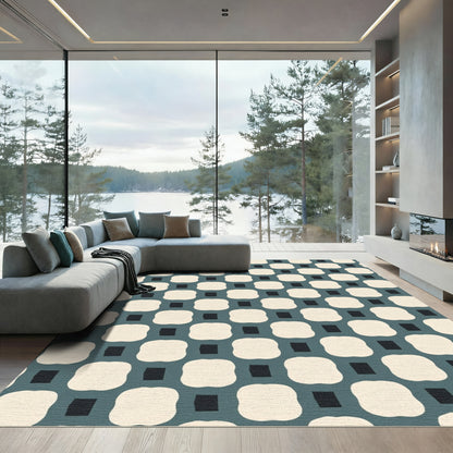 Off-White Teal Interlocking Squares Rug