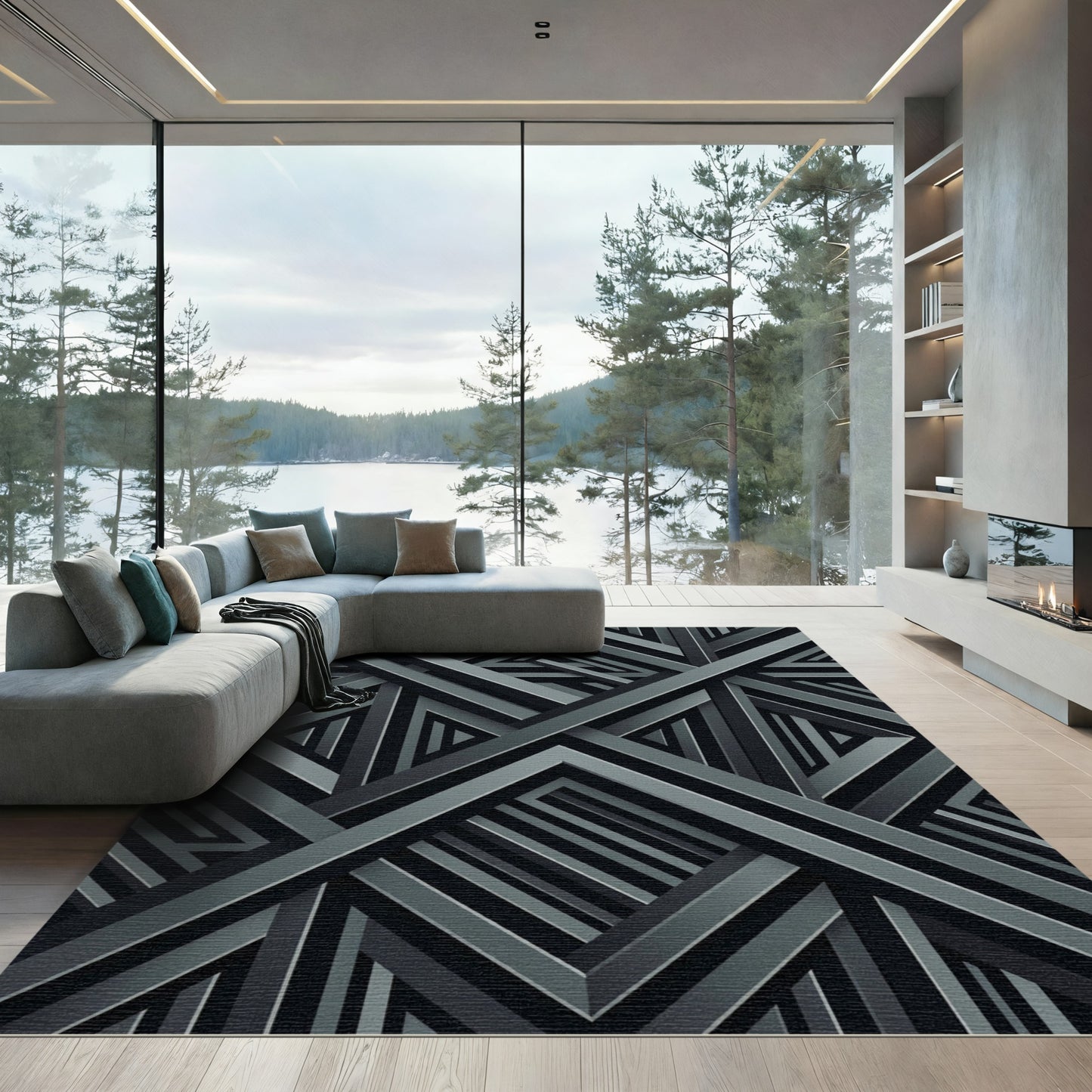 Dark Gray Interlocking Geometric Bands Rug