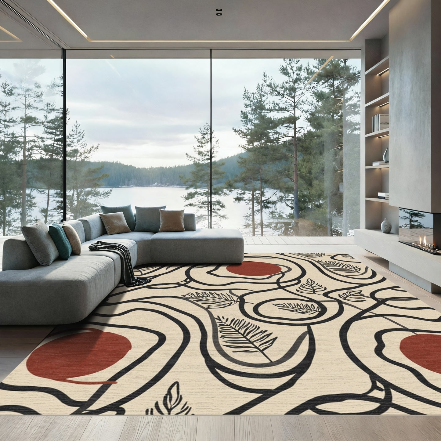 Abstract Black Organic Circles Fern Shape Rug