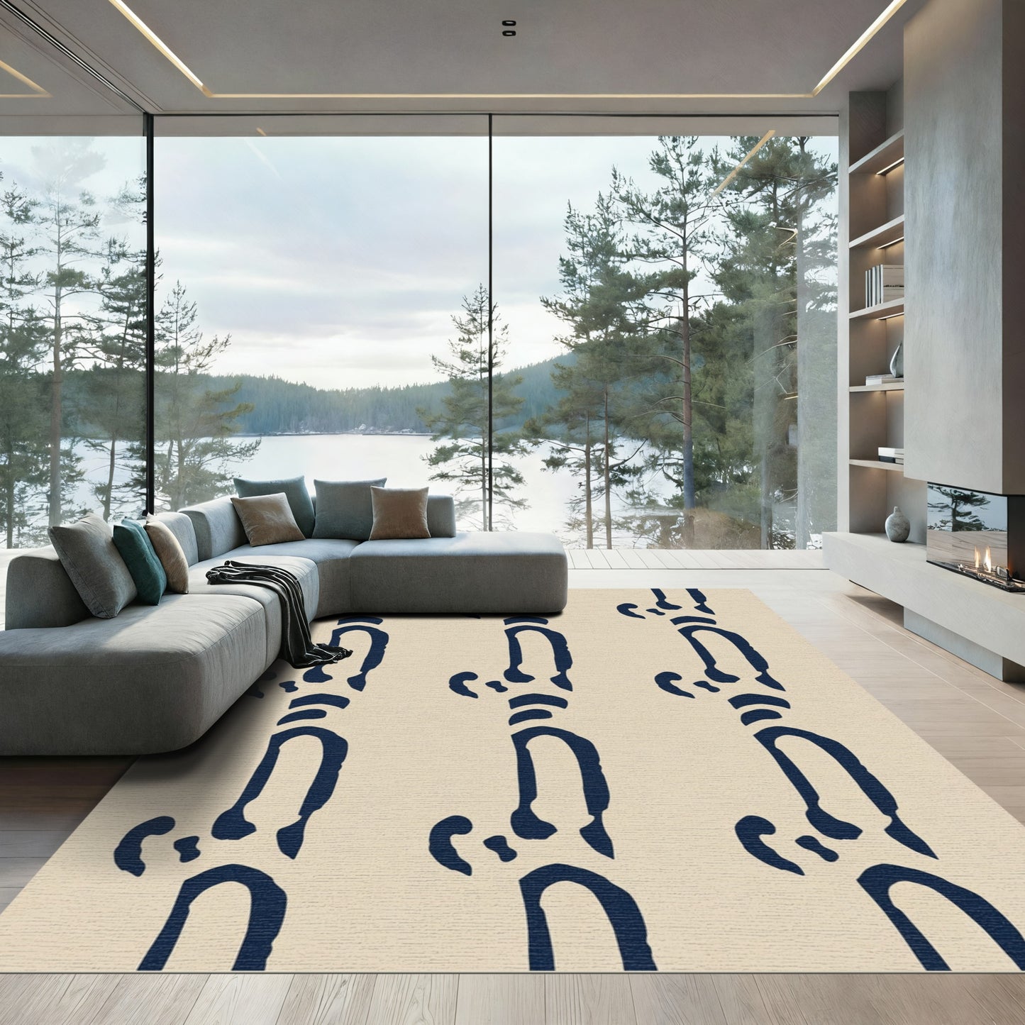 Navy Blue Abstract Vertical Stripes Rug