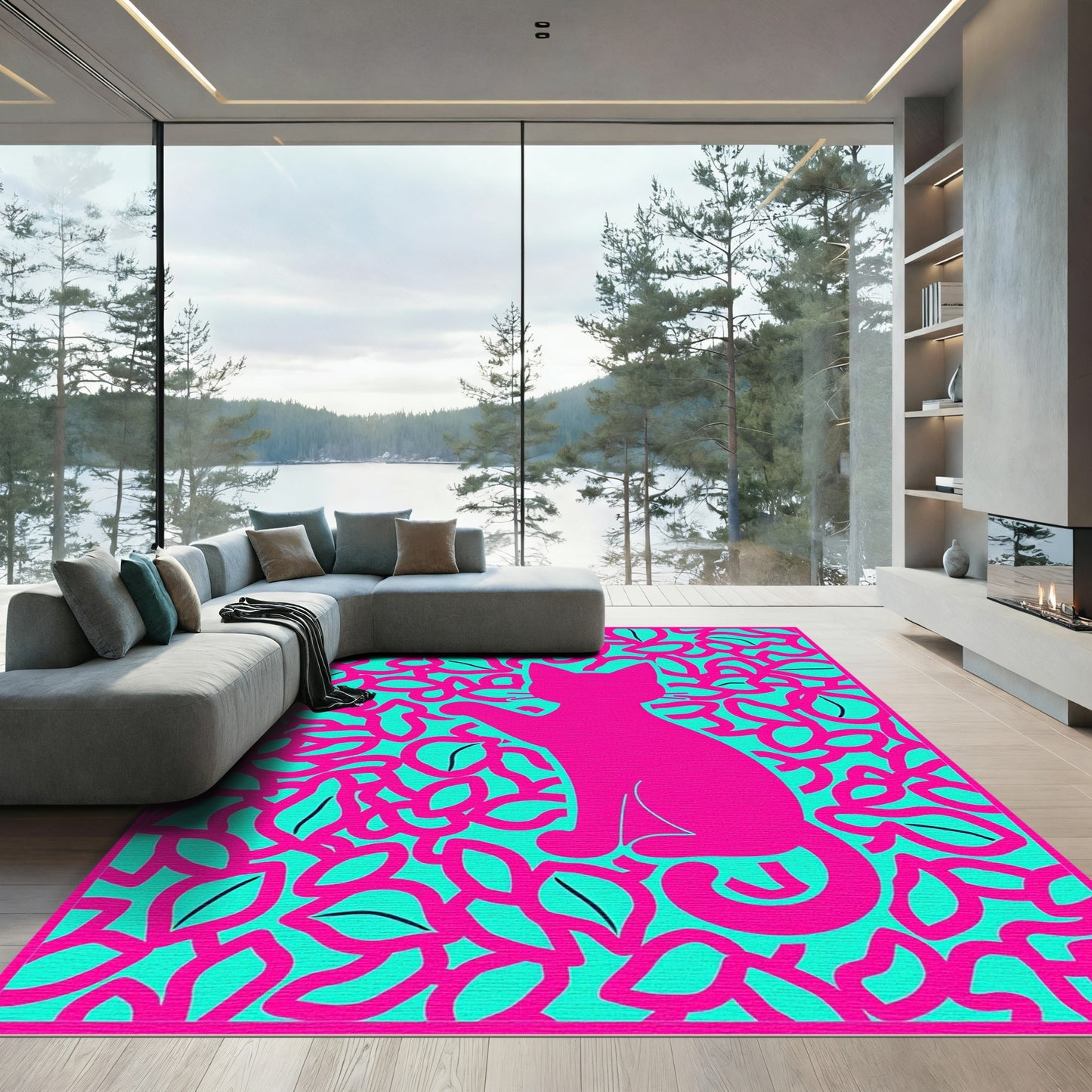 Hot Pink Cat Floral Turquoise Rug