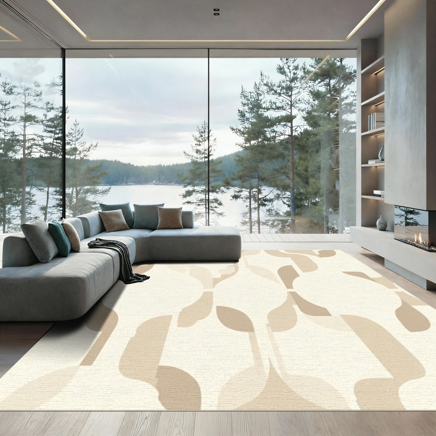 Cream Beige Mid Century Modern Forms Rug