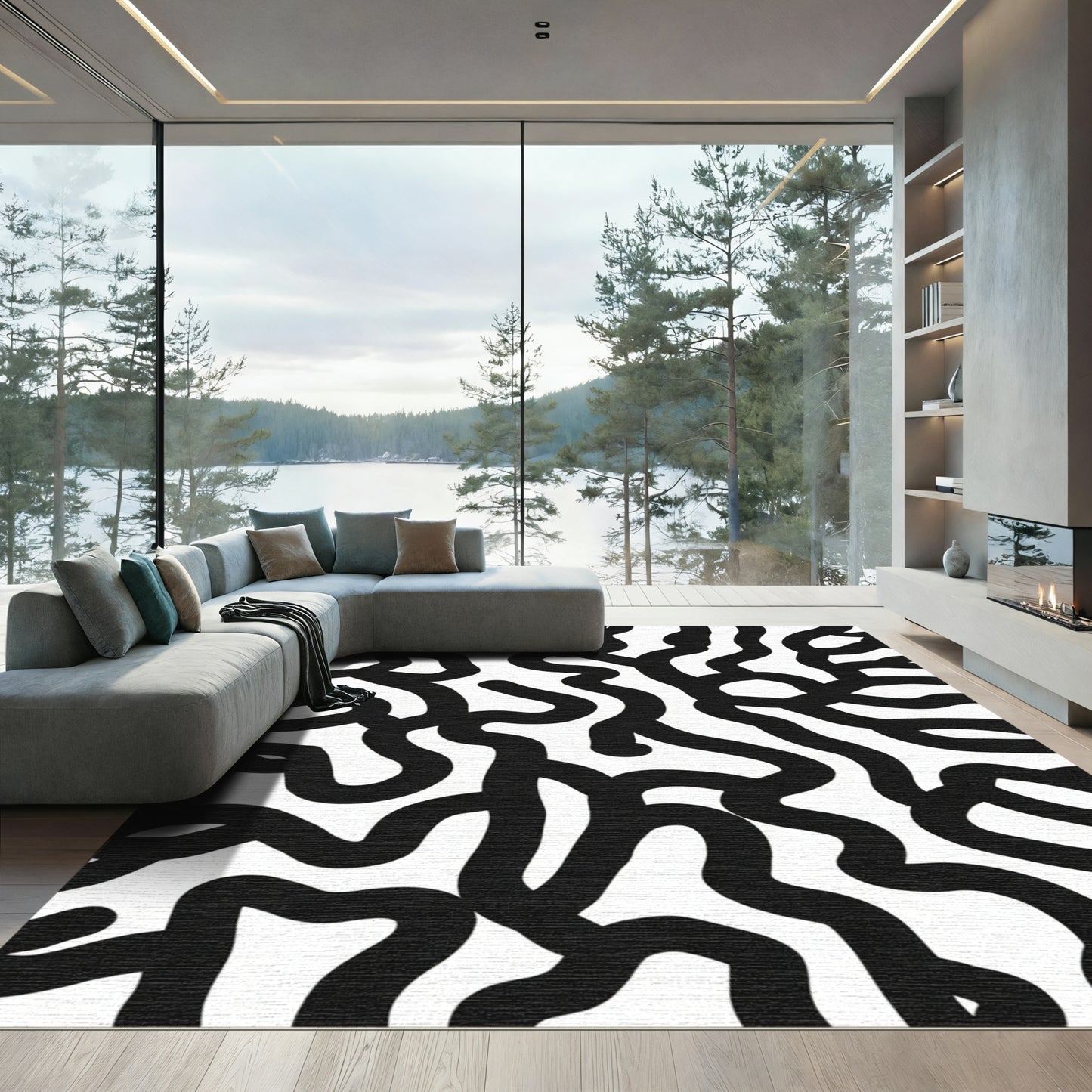 Bold Black Organic Line Art Rug