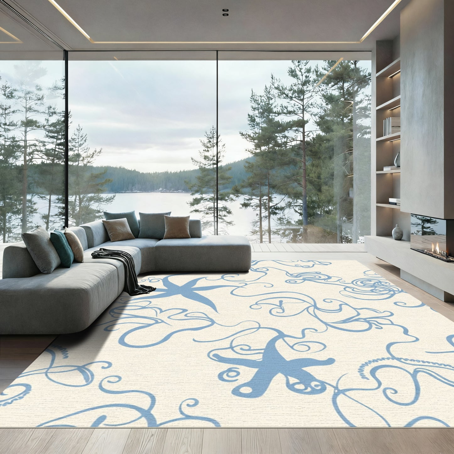 Light Blue Swirling Starfish Blooms Rug