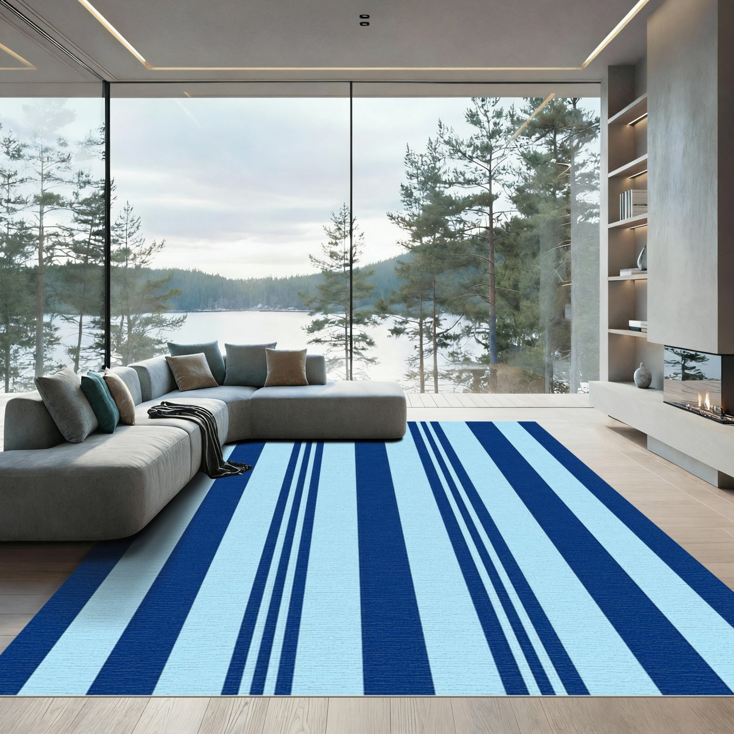 Deep Blue Light Blue Stripes Rug
