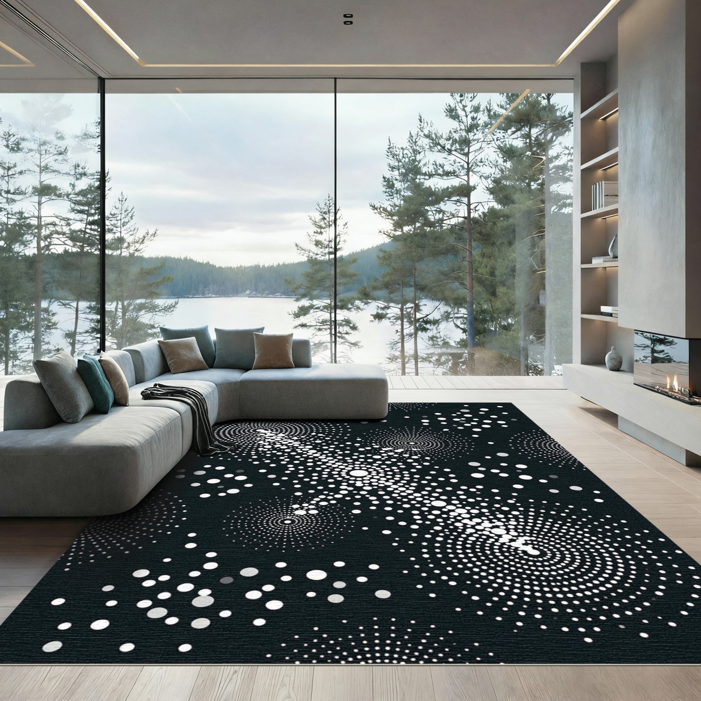 Monochrome White Spiral Burst Rug