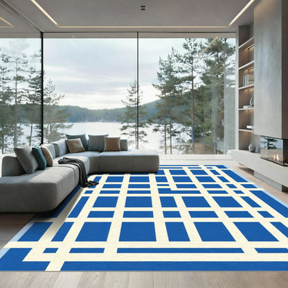 Bold Blue Grid Geometric Rug