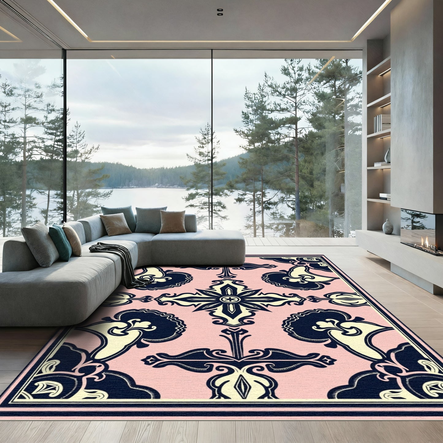 Pale Pink Navy Floral Medallion Rug
