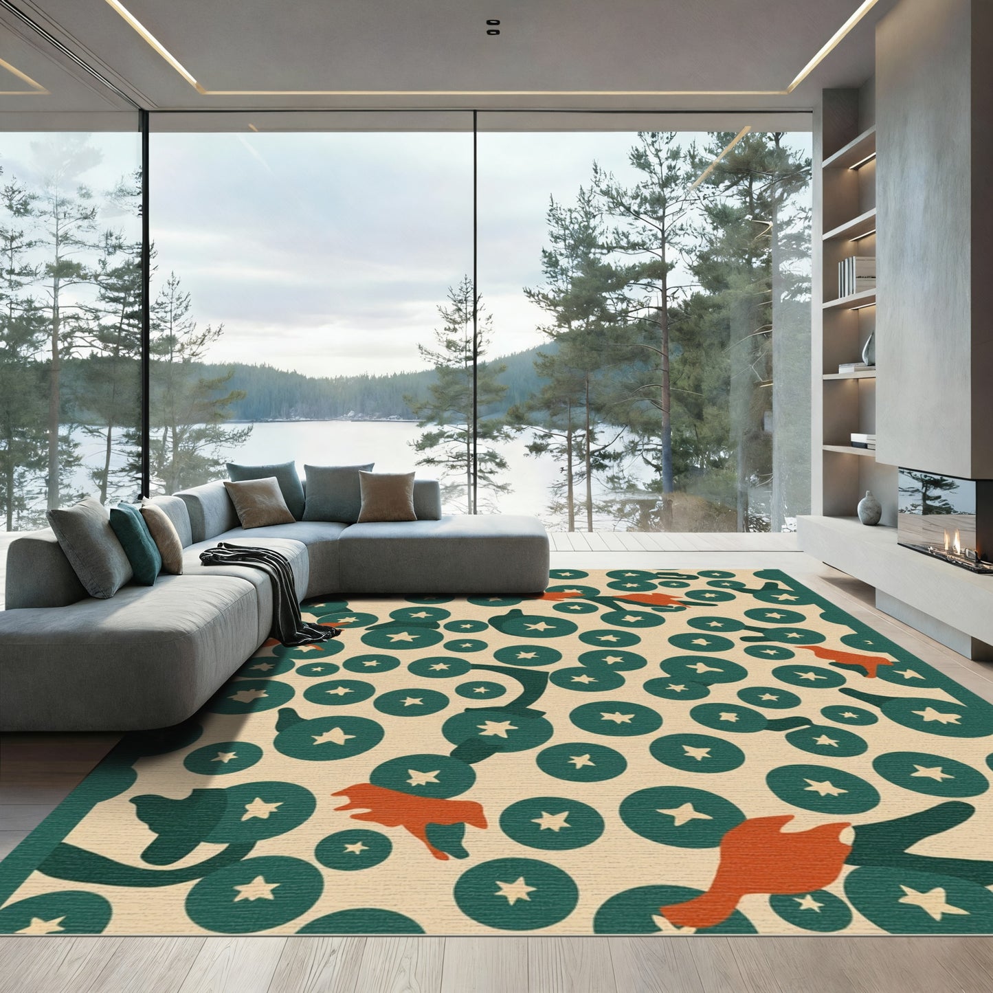 Orange Birds Green Star Circles Rug