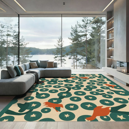 Orange Birds Green Star Circles Rug