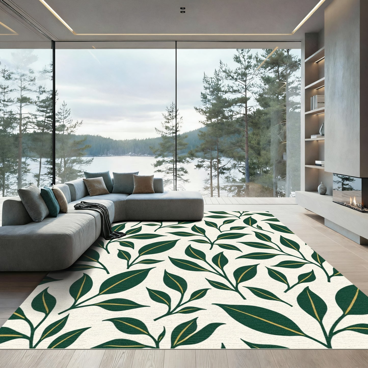 Elegant Forest Green Leaf Branches Rug