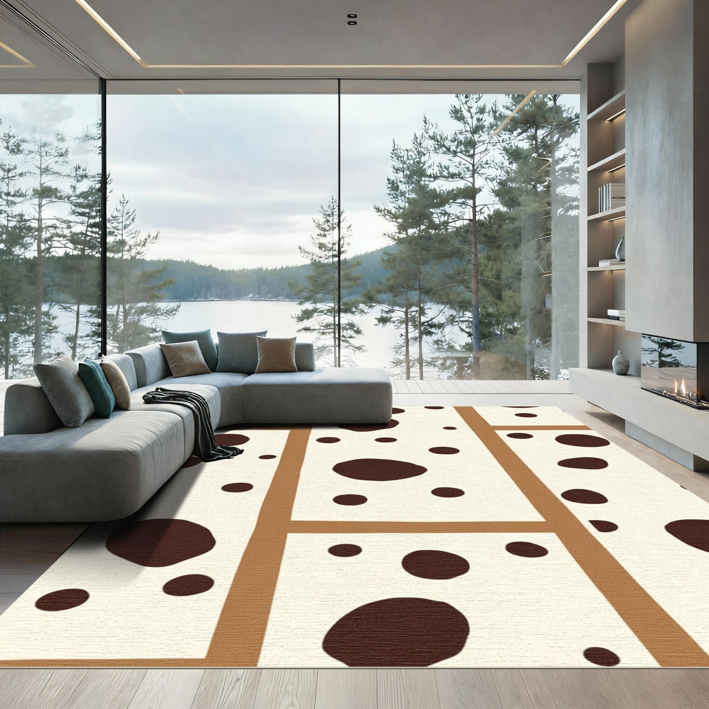 Cream Brown Spotted Grid Layout Rug