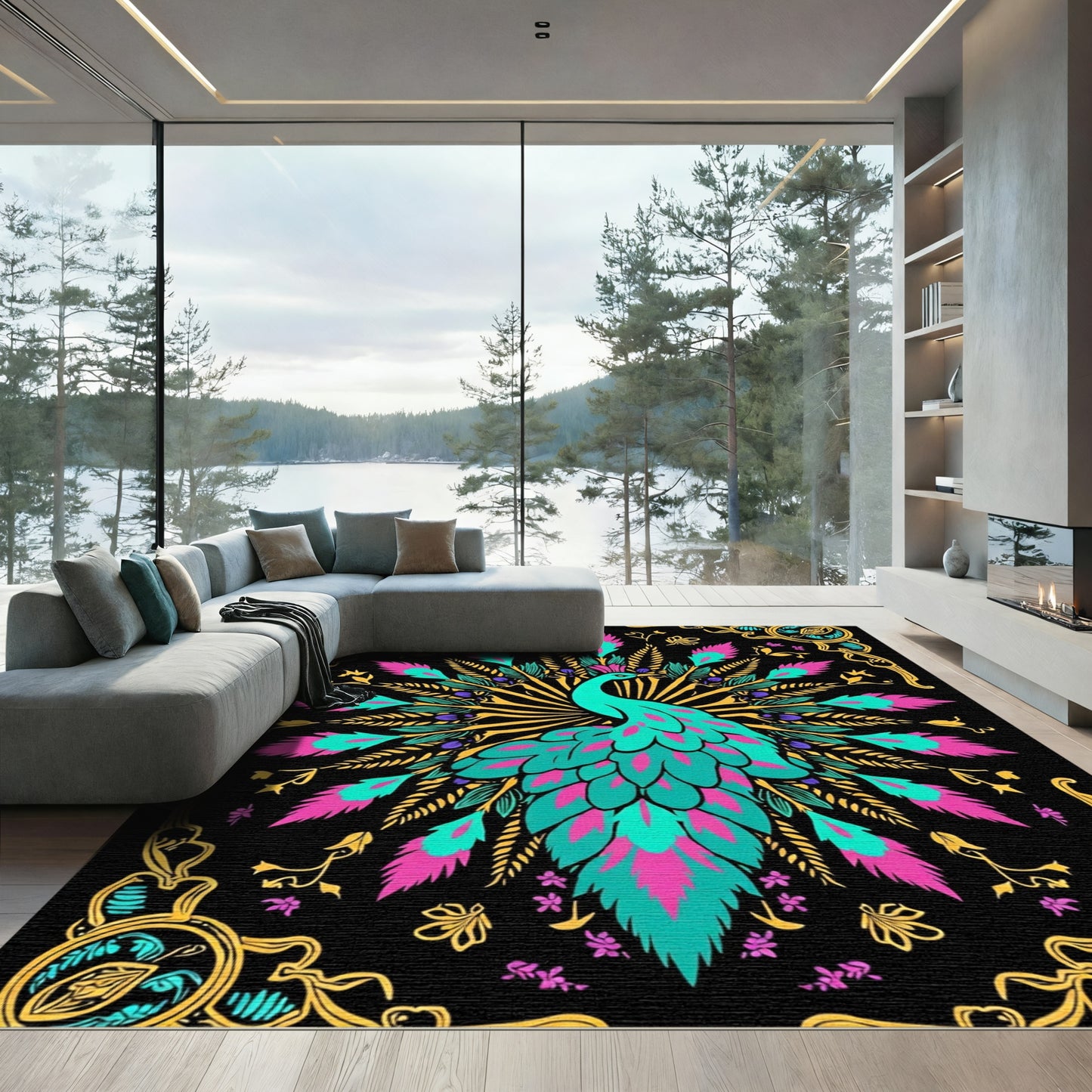Vibrant Peacock Teal Pink Gold Art Rug