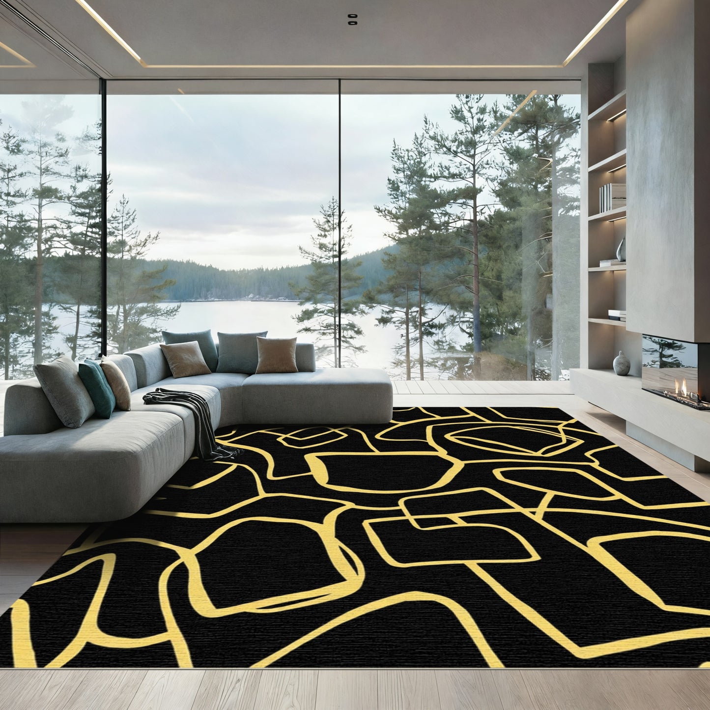 Black and Gold Abstract Organic Lines Rug