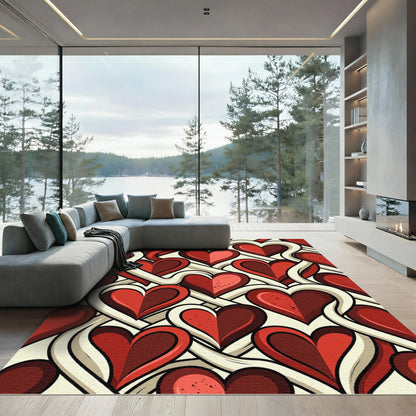 Modern Intertwined Crimson Heart Grid Rug