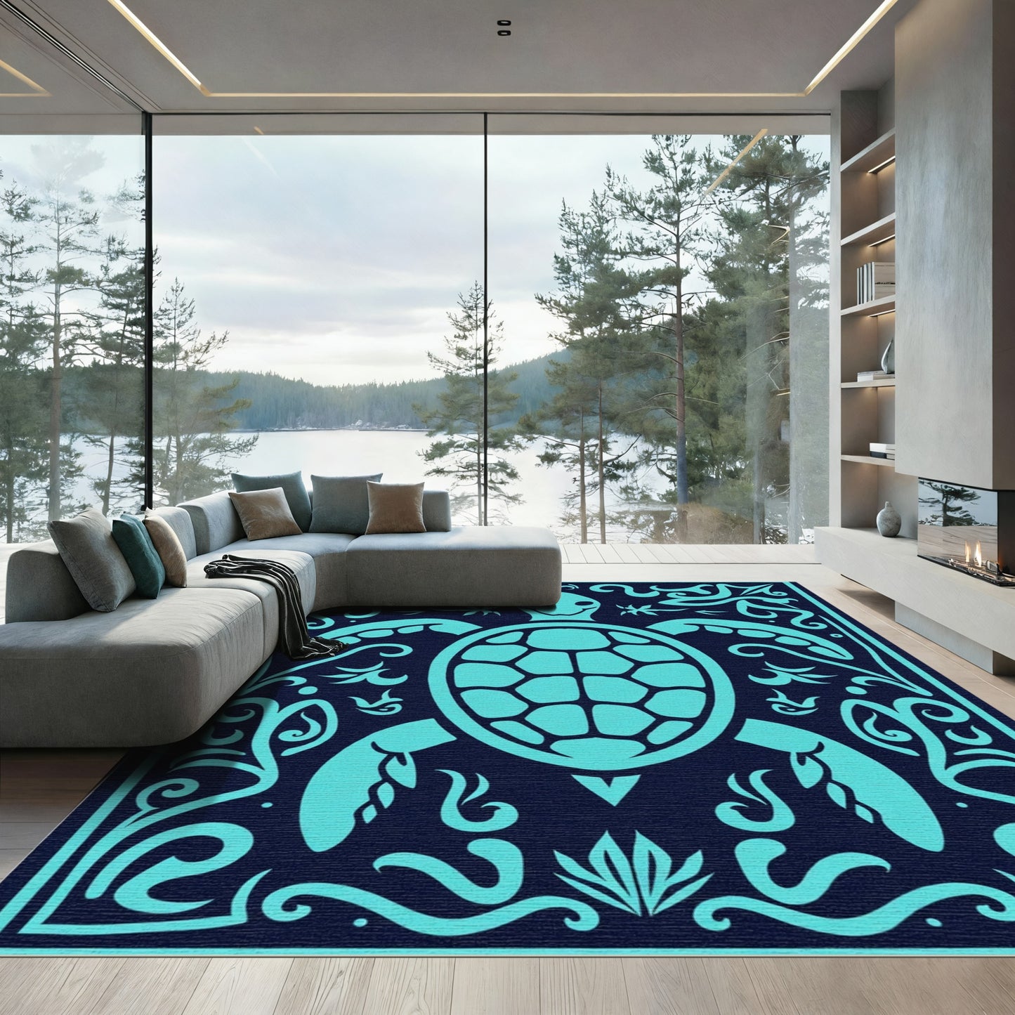 Aqua Turtle Floral Border Rug