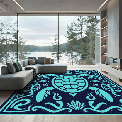Aqua Turtle Floral Border Rug