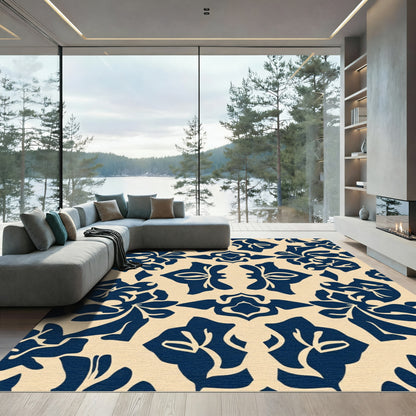 Navy Floral Damask Silhouette Rug