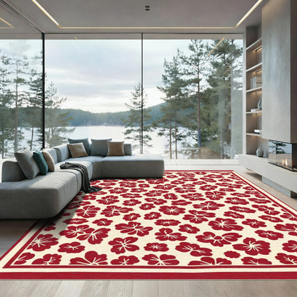 Crimson Floral Blossom Cream Rug
