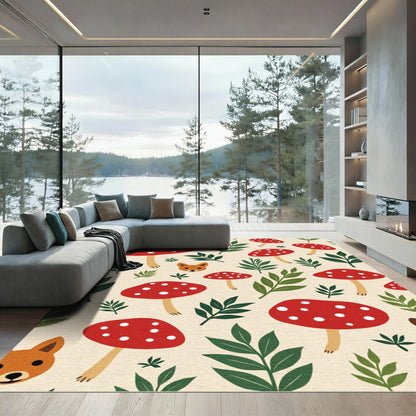 Red Mushroom Forest Friends Whimsical Foliage Rug