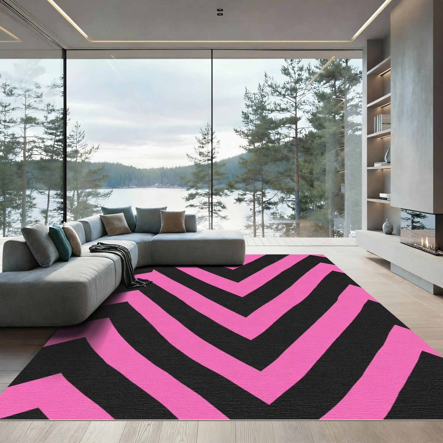 Vibrant Pink Chevron Geometric Rug