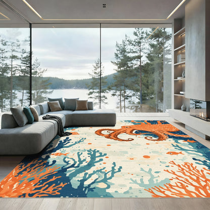 Orange Octopus Underwater Coral Scene Rug
