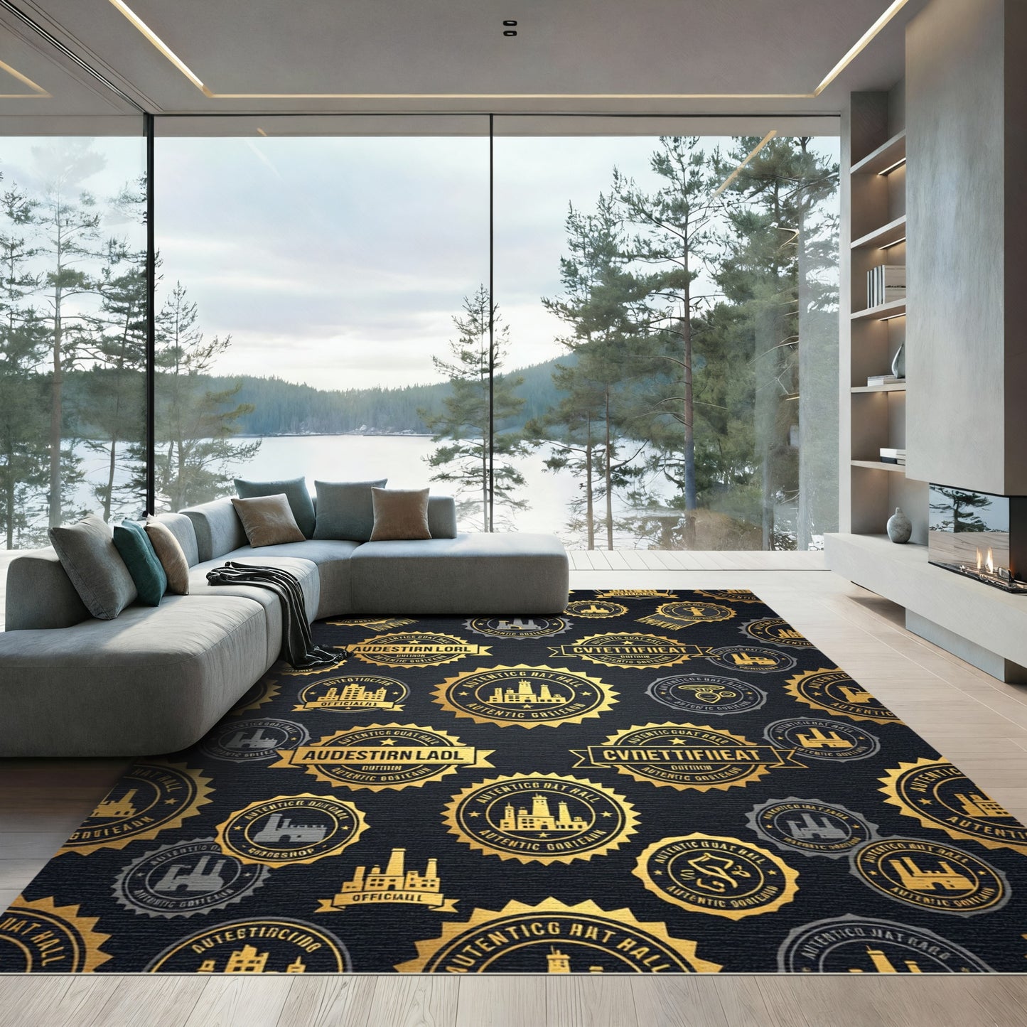 Gold Industrial Emblem Charcoal Luxury Rug