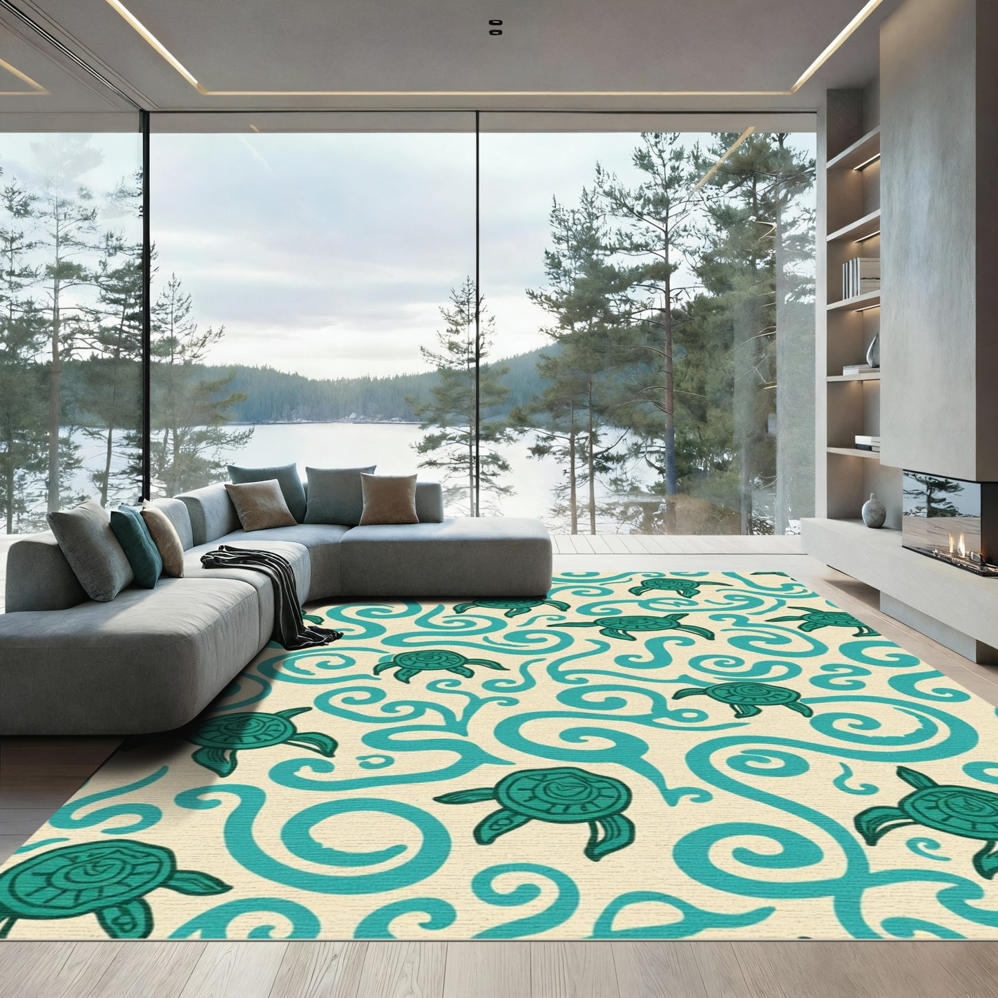 Teal Turtle Swirls On Cream Background Rug