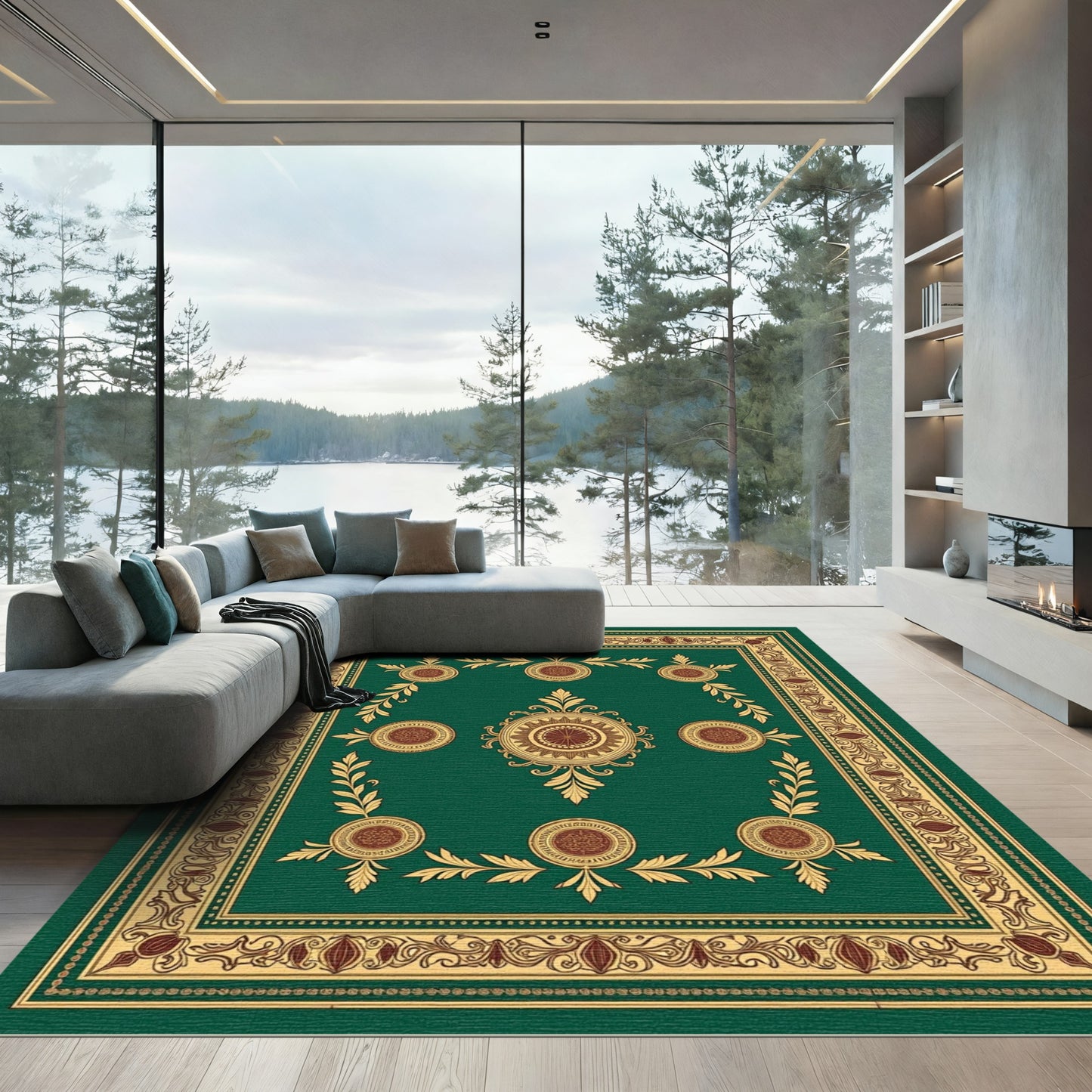 Emerald Green Medallion Floral Border Rug