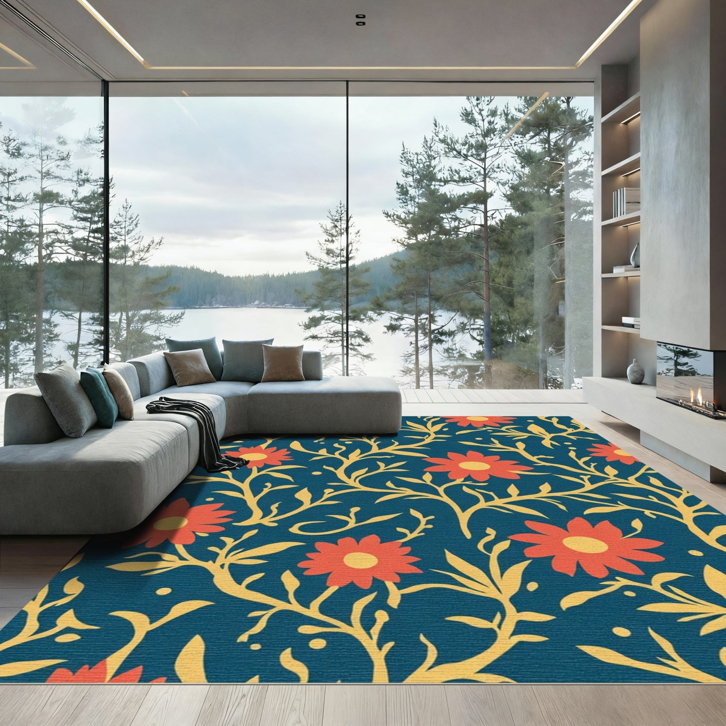 Coral Red Floral Vine Teal Rug