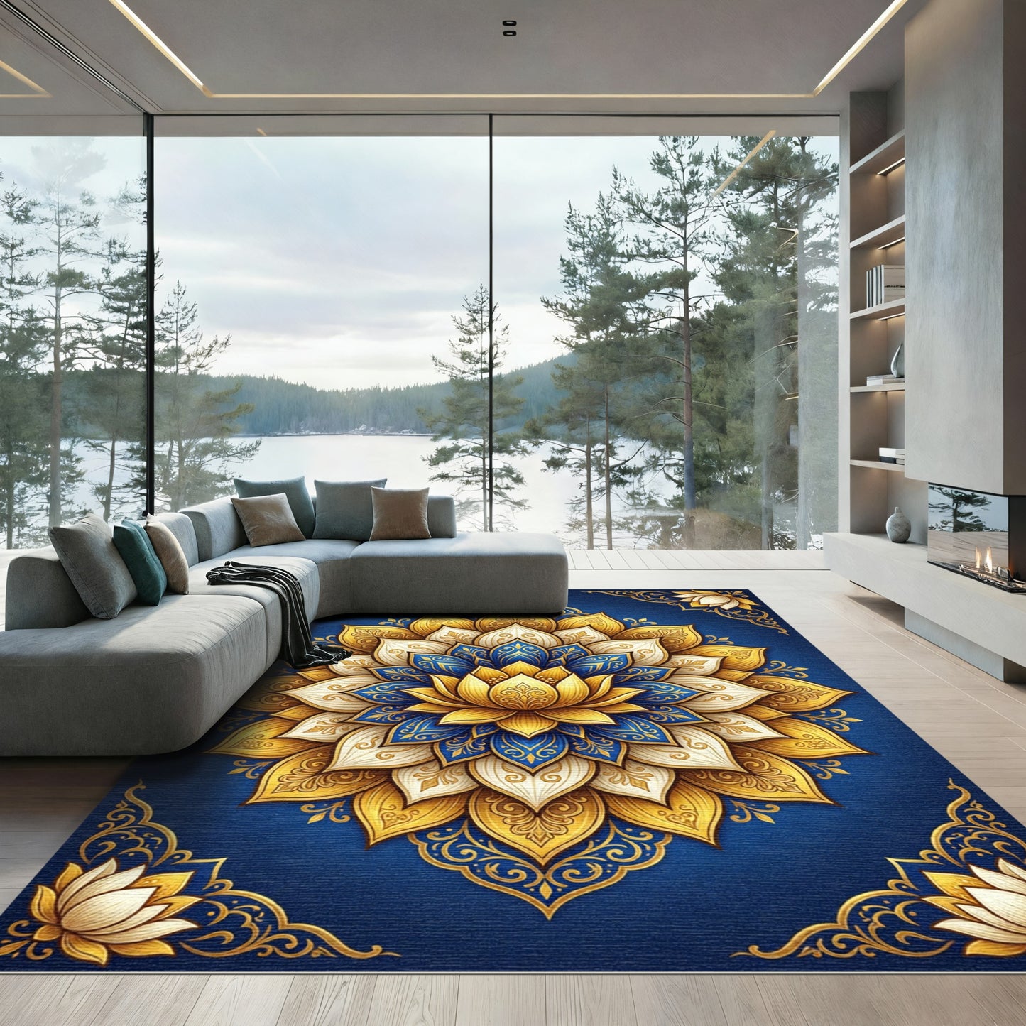Ornate Blue and Gold Lotus Medallion Rug
