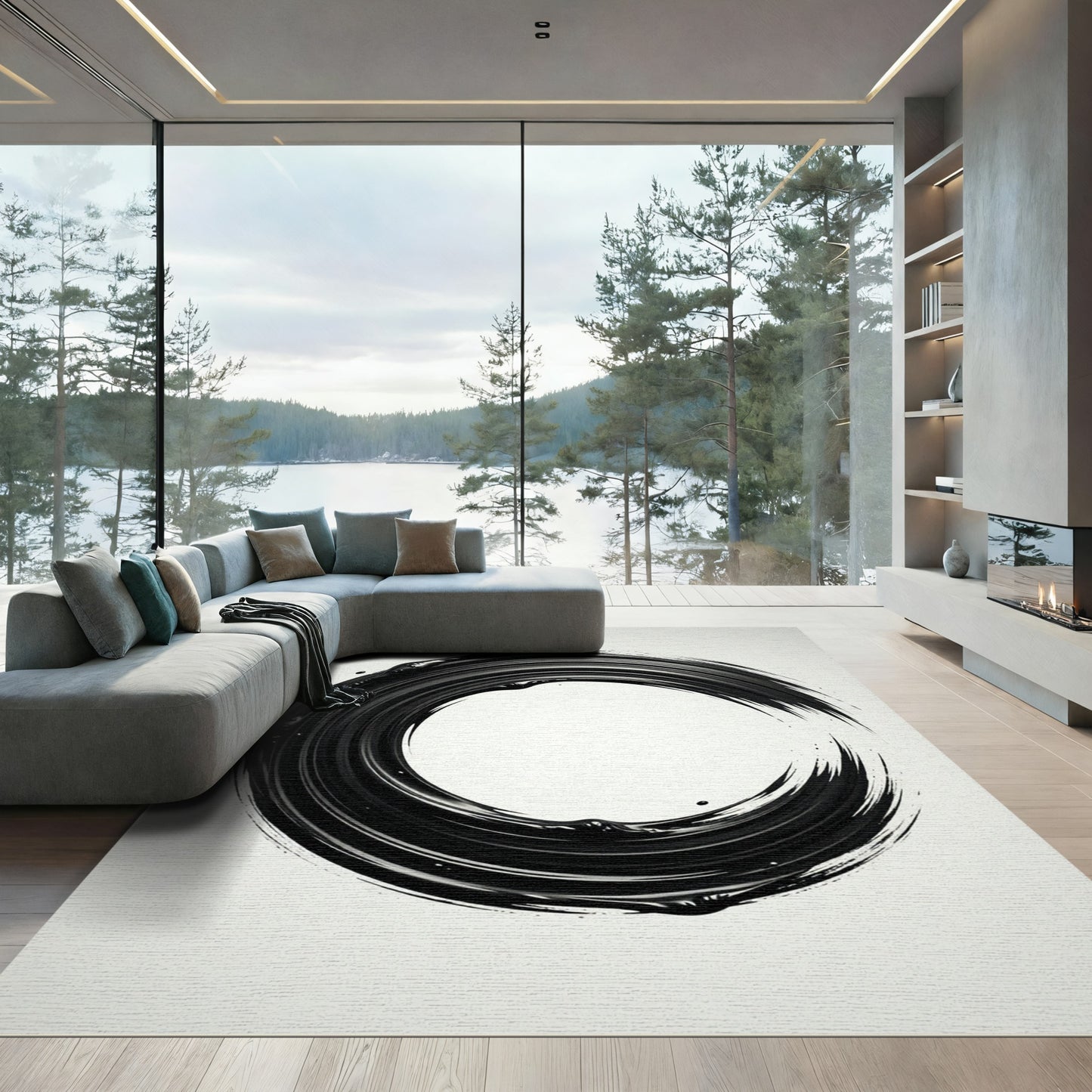 Bold Black Brushstroke Circle Rug