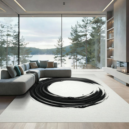 Bold Black Brushstroke Circle Rug