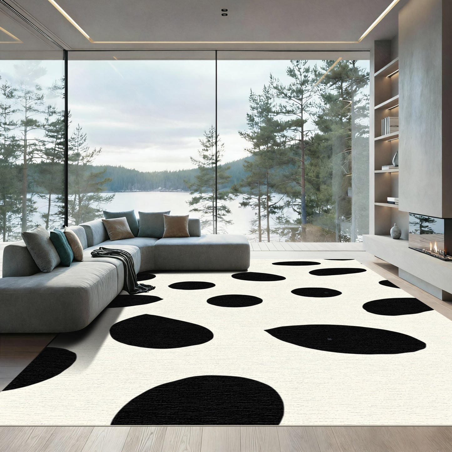 Cream Black Irregular Dot Layout Rug