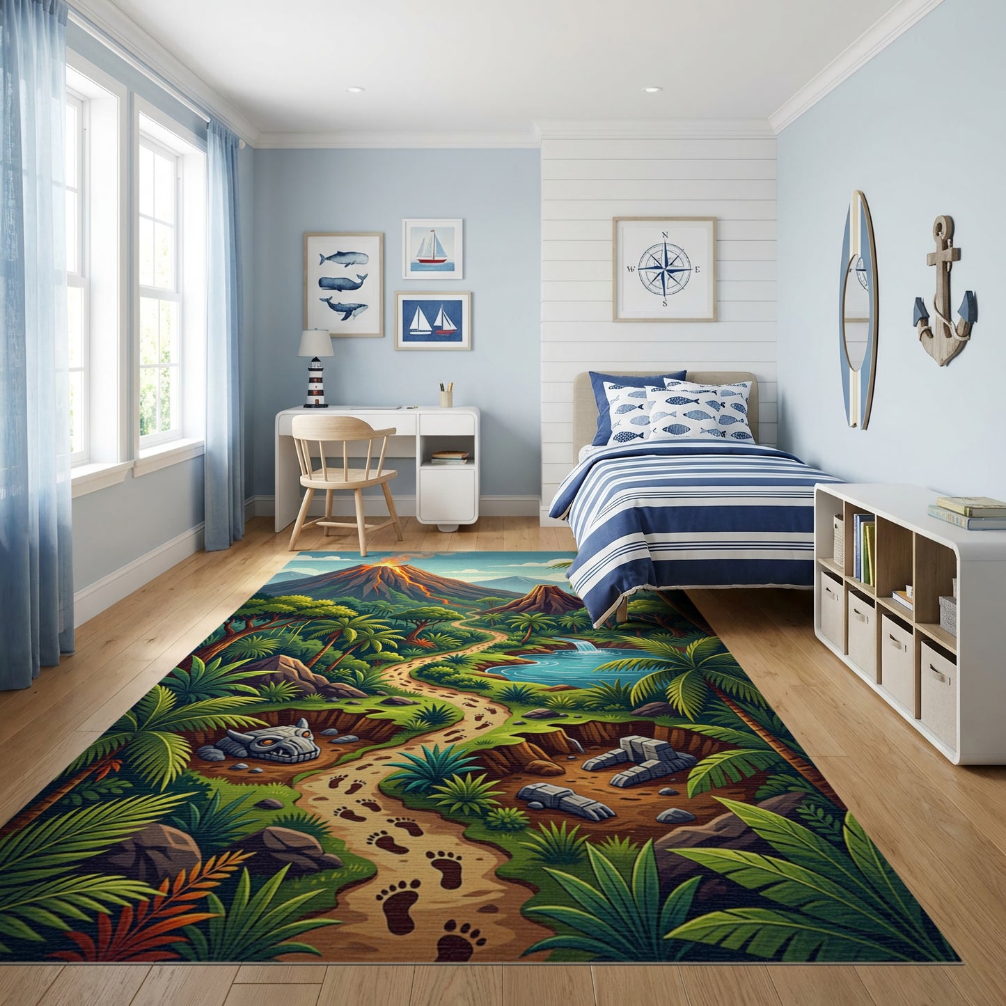 Vibrant Jungle Volcano Dino Path Rug